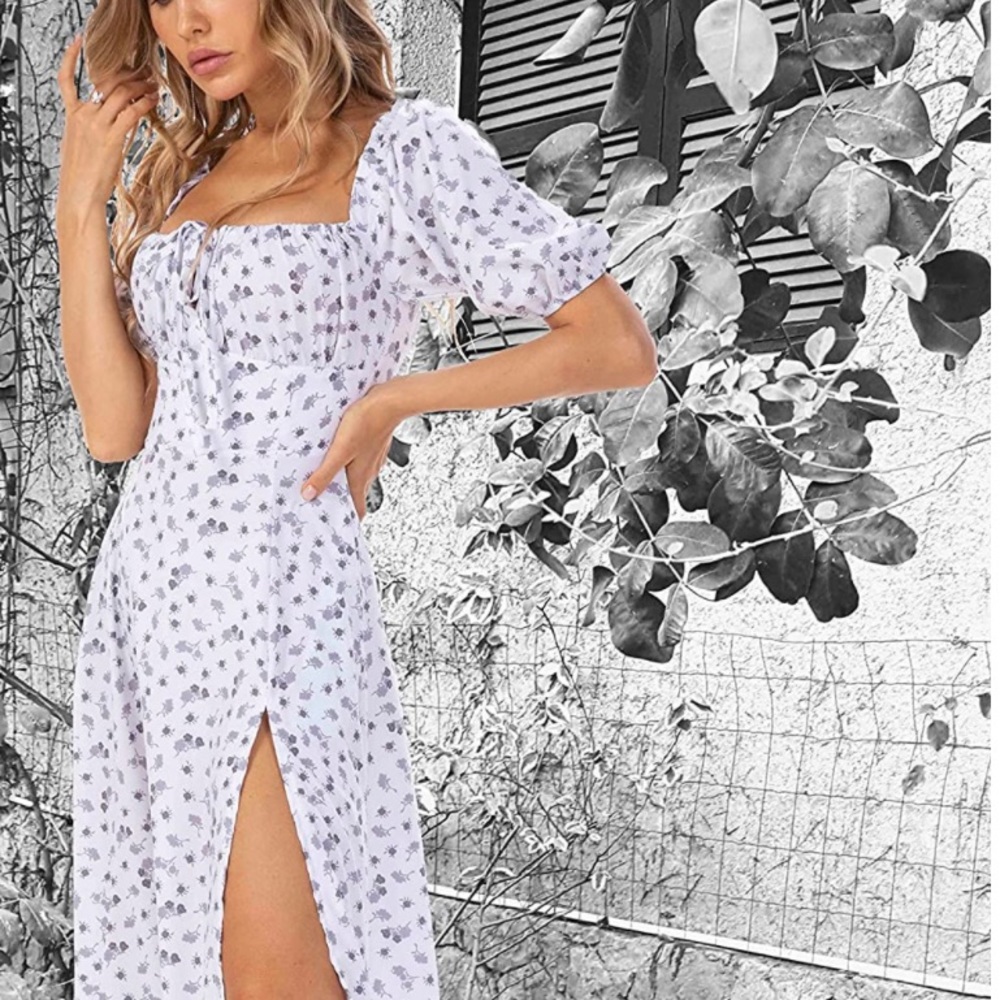 Cottagecore Boho Floral Square Neck Ruffle Hem Split Dress - Picture 7 of 7